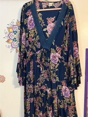 Navy Floral Midi Dress with Lace V-Neck and Tie Waist